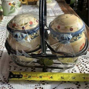 CIC Blue Floral Salt and Pepper Shakers With Caddy Blue Trim & Floral Mo…
